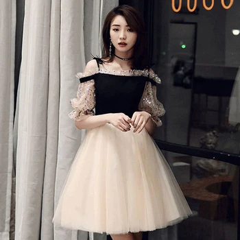 

Off Shoulder Chinese Dress Qipao Women Black Evening Party Gown Patchwork Lace Mesh Dresses Sequins Bling Sexy Vestidos De Festa