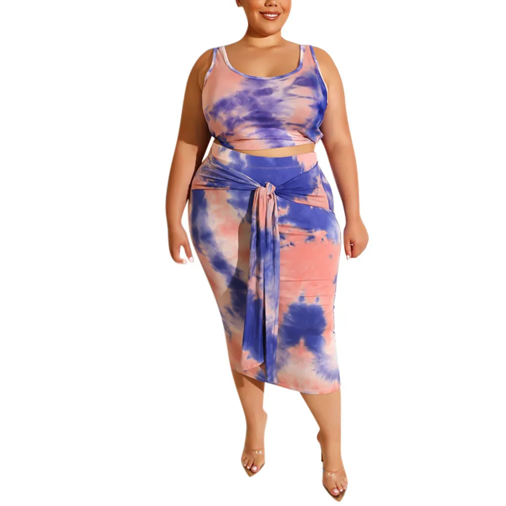 

Plus Size Women Set Sporting Two Pieces Set Print Midi Dress Sleeveless ank Crop Top Skirts Set XL-4XL YJJ2