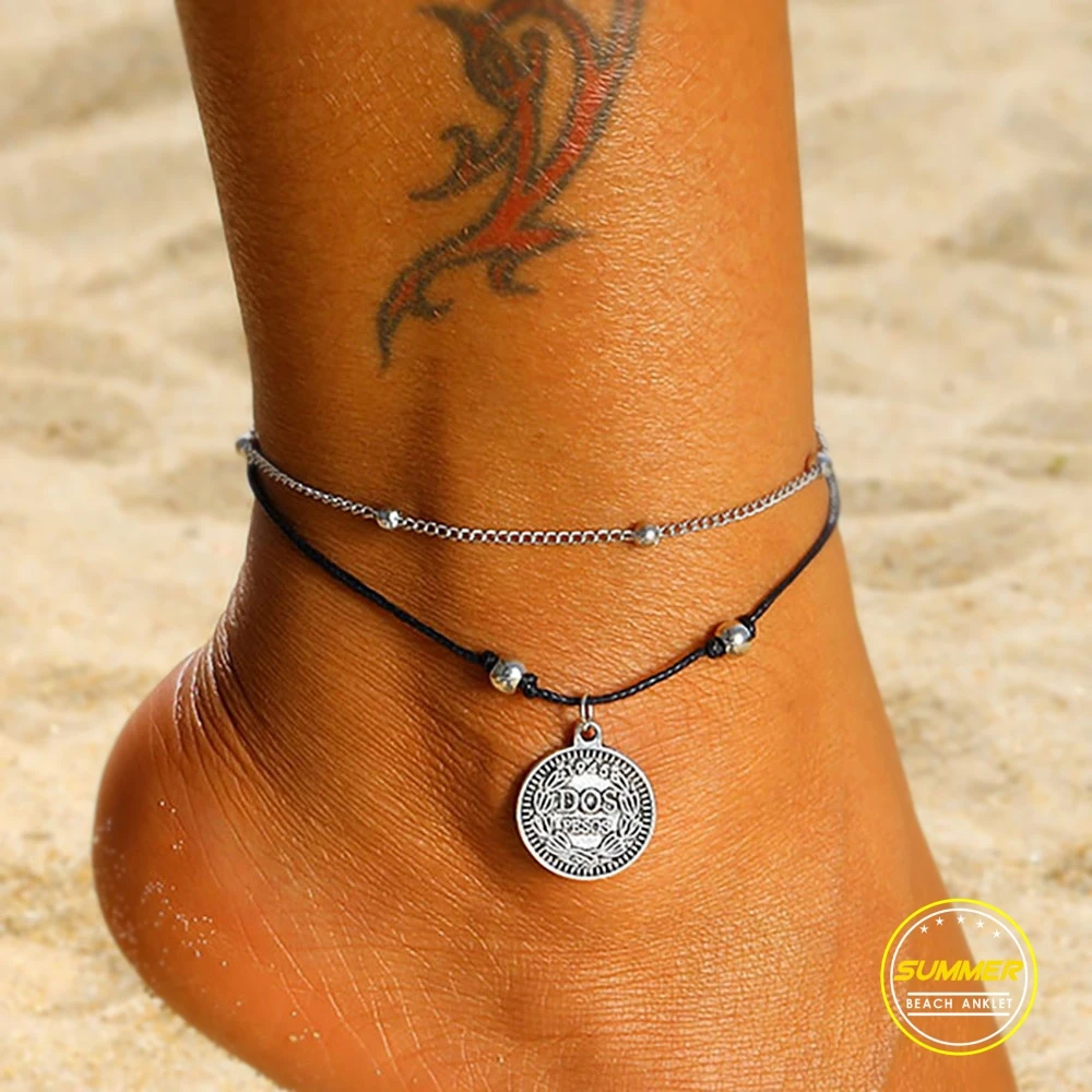 

17IF Vintage Multi Layer Coin Anklets For Women Fashion Handmade Beads Chain Link Anklet Bracelets Summer Foot Jewelry Gifts