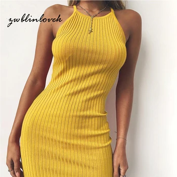 

Summer Women Sexy Slim Pencil Knitted Mini Dress Sleeveless Halter Camis Backless Lace-up O-Neck Solid Dresses 2C0005
