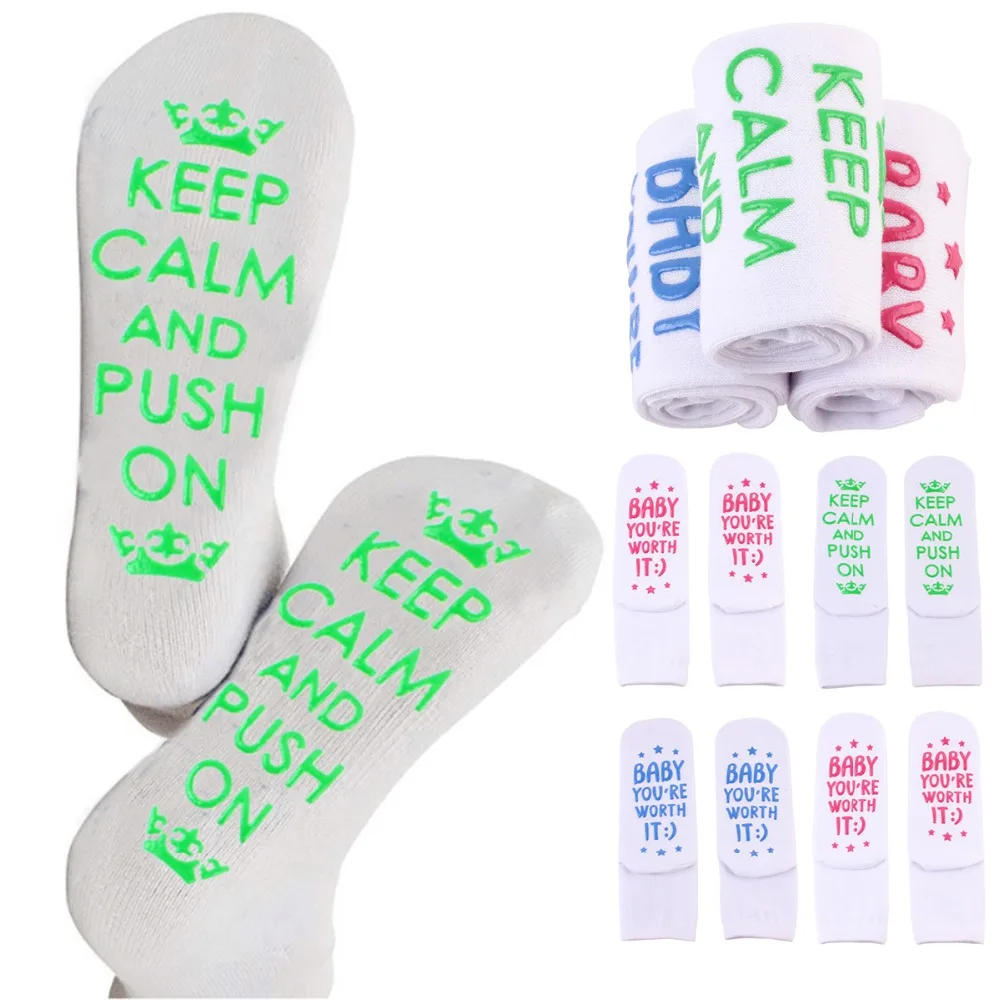 

Humor Words Amusing Female Sock Funny Keep Calm And Push On Printed Fascinating Interesting Socks for Pregnant Women Non Slip