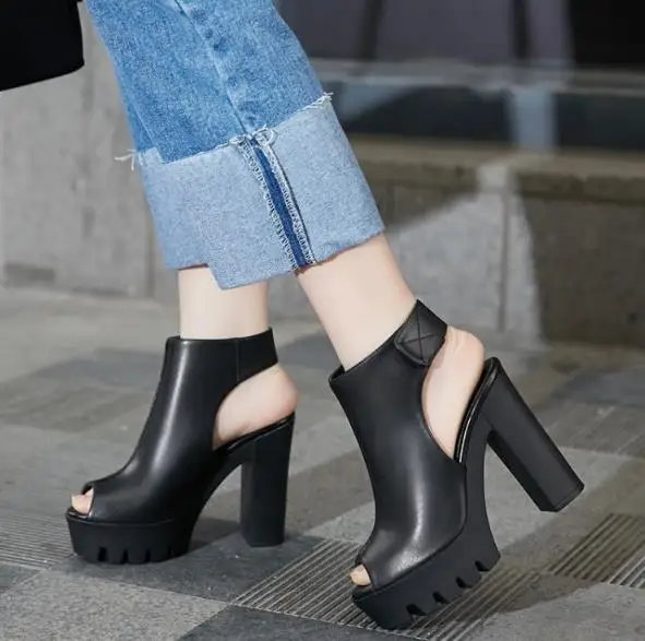 

New Square Heel Open toe Black Solid Color Platform Sandals Woman High Heels 12 cm For Party Shoes in Hook Ankle Strap