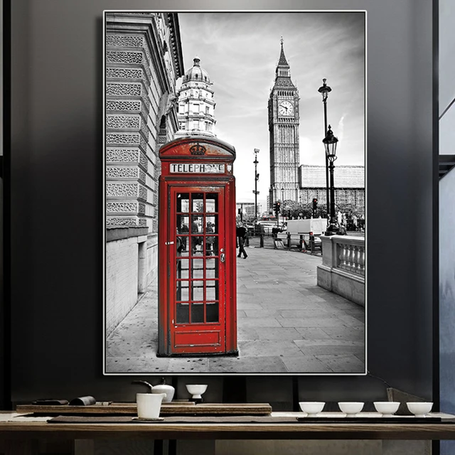 London Street Wall Art Red Telephone Booth Paintings City Gray London Street Wall Art Red Telephone Booth Paintings City Gray Pictures Paint Canvas Prints For Living