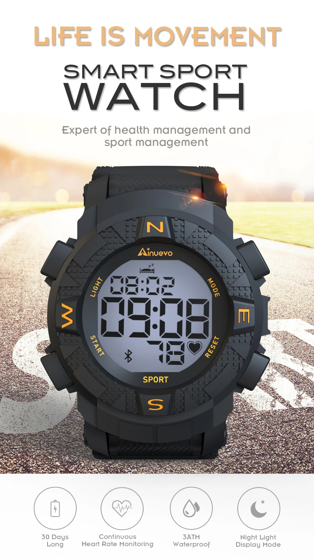 Ainuevo E1 Sport Smart Watch Man Bluetooth Swim Proof Waterproof Continuous Heart Rate Monitoring Smart Reminder