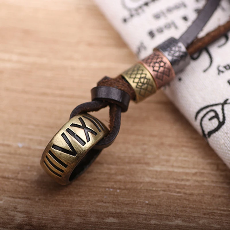 

F&U Vintage Round Shape With Roman Figures Pendant Necklace Cow Leather Pendent Adjustable Chain Jewelry For Men and Women