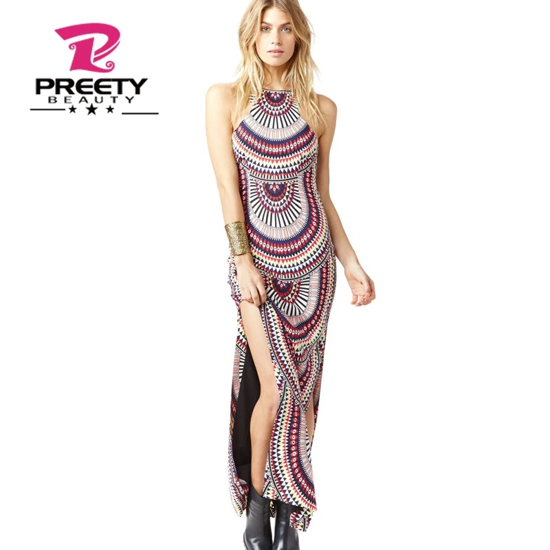 Preetybeauty Women Print Bandage Tank Long Dress 2016 Summer New Fashion Maxi Bohemian Dresses 