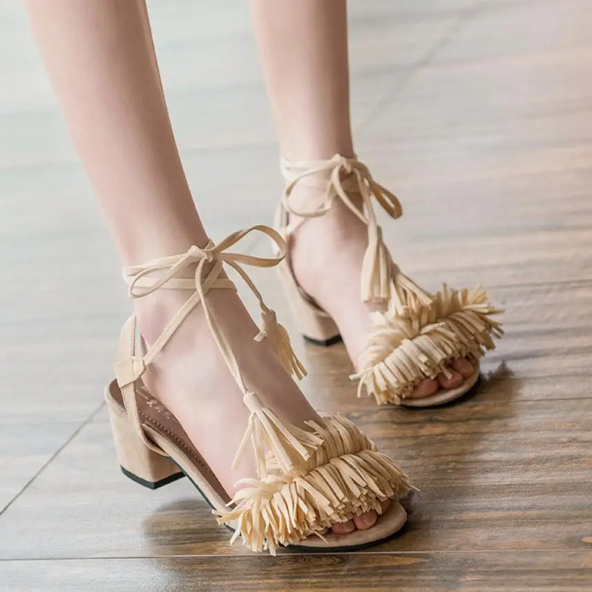 

SAGACE Summer Lace Up Sandals Thick Heels Fringe Summer Beach Women Sandals Sexy Open Toe Summer Shoes Girls Hot Sale Size35-39