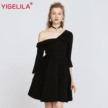 

YIGELILA Fashion Women Black One Shoulder Dress Autumn Asymmetrical Neck Three Quarter Sleeve Empire Slim A-line Dress 63262