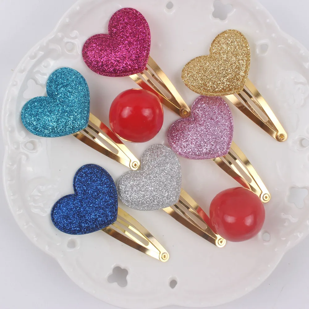 2017 new heart sparkling girls hair clips 6 color love heart Long 33mm