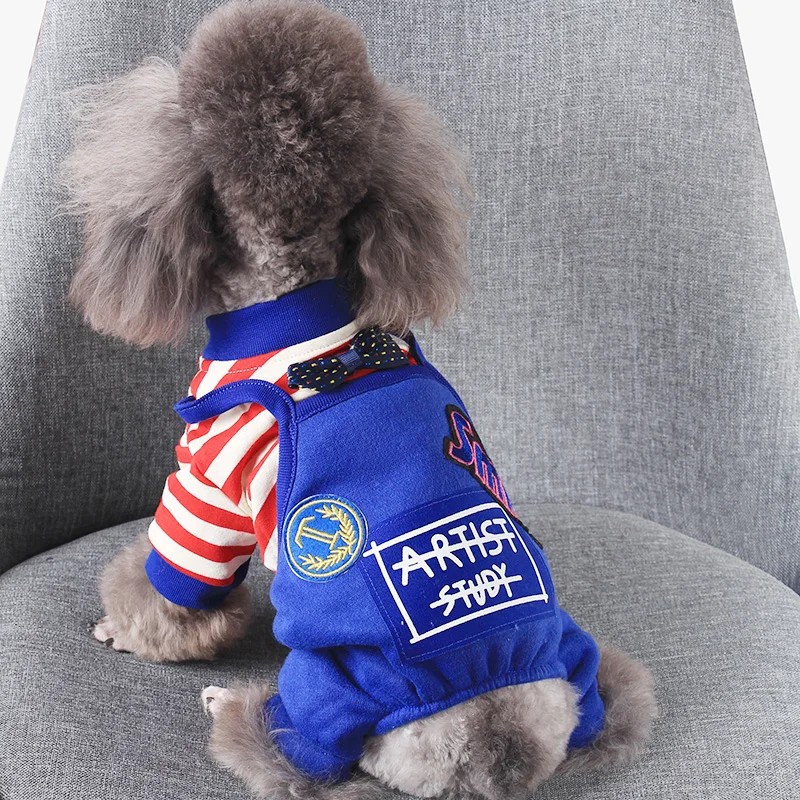 

Stripe Bows Winter Jumpsuit For Dogs Thick Warm Pet Costumes Blue Black Bow Gentlemen Uniform Puppies Small Animal Pitbull Goods
