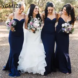 Дешевый темно-синий Длинные свадебные платья 2019 Русалка обтягивающее на бретельках эластичный атлас Для женщин Формальные Свадебная
