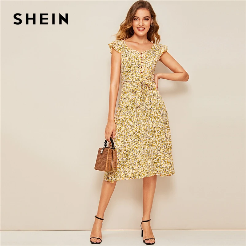 

SHEIN Ditsy Floral Print Ruffle Cuff Self Belted Dress Vintage Women Summer Dress Yellow Butterfly Sleeve Sweetheart Dress