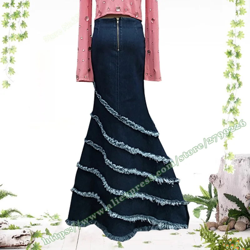 

2019 Female Vintage Sexy Irregular Tassel Mermaid Slim Bag Hip Jeans fishtail stitching Maxi skirt / Denim skirts Womens