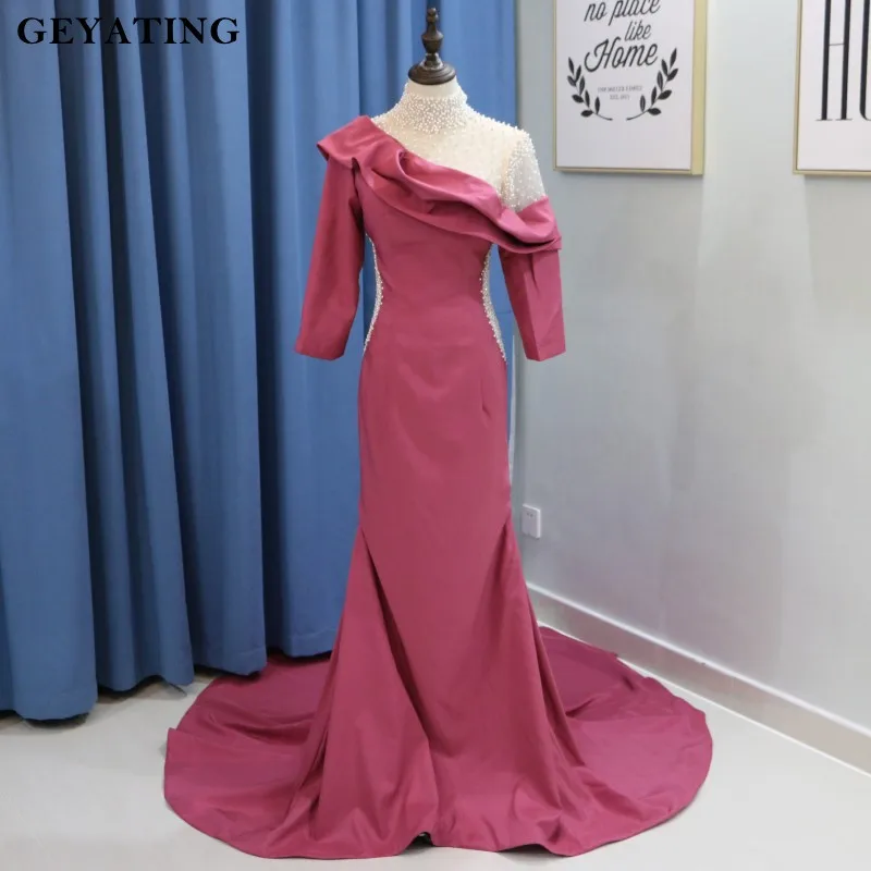 Fuchsia Illusion High Neck Mermaid Evening Dress Long Sleeves Pearls ...