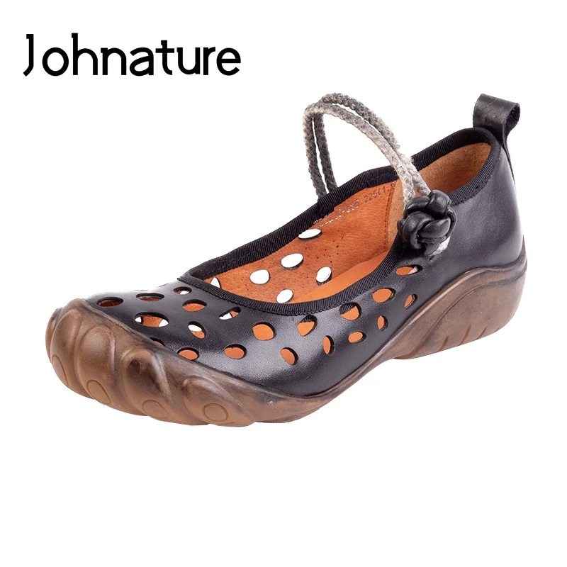

Johnature 2019 New Summer Genuine Leather Buckle Strap Casual Retro Sewing Sandals Hollow Cover Heel Wedges Women Shoes