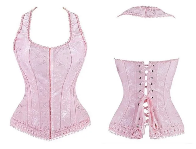 Sexy Pink Straps Hook&Eye Overbust Corset Jacquard Lace Up Boned Bustier BodyShaper Halter neck outwear S-2XL