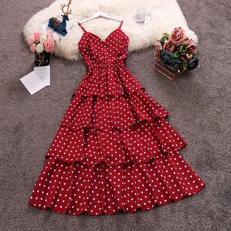 

Chiffon Cake Women Dress Polka Dot Spaghetti Strap V-Neck Cascading Ruffles High Waist Big Swing Dress Casual Beach Party Dress