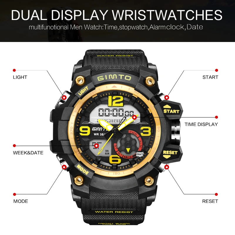 GIMTO Cool Outdoor Sport Digital Watch Men Dual Display Waterproof Silicone Shock Clock Military Male Watches Relogio Masculino