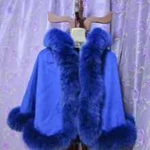Ребенок девочка age6/9 length50cm натуральным лисьим мехом синий цвет пончо с капюшоном кашемировая шаль