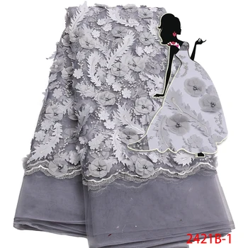 

2019 High Quality African Lace Fabrics French Embroidered Gray 3 D Flowers Tulle Lace Fabric French Beads Lace Fabric AMY2421B-1
