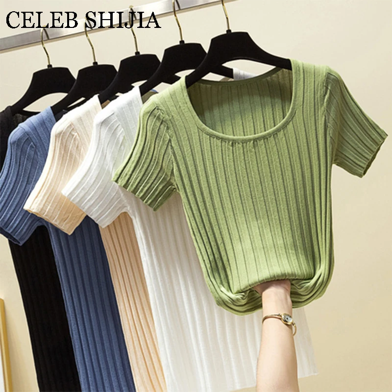 

2019 New Summer Knitted Women T Shirt green apricot High Elasticity Slim Casual Short Sleeves Top Fashion Rib Female T-shirt
