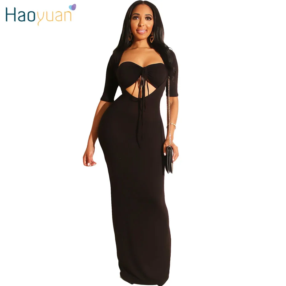 

HAOYUAN Two Piece Set Maxi Dress Women 2019 Deep V Neck Short Sleeve Sexy Club Party Dresses Summer Cut Out Long Bodycon Dress