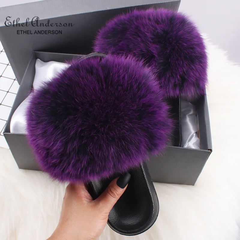 Top Selling Real Fur Slippers Slides Women Summer Plush Fox Flip Flops Holiday Fluffy Raccoon Fur Sandals Shoes - Цвет: Purple Fox Fur