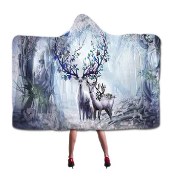 

Forest Elk 3D Pattern Hooded Blanket Sherpa Wool Blanket Can Wear Plush Plush Bedding Sofa Thick Warm 150 * 200cm / 150 * 130cm