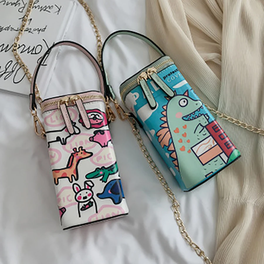 

Harajuku Cartoon Print Box Bags Casual Chain Crossbody bags Mini Pu Leather Women Handbags Wrist Bag Clutch Purse Lady Handbags
