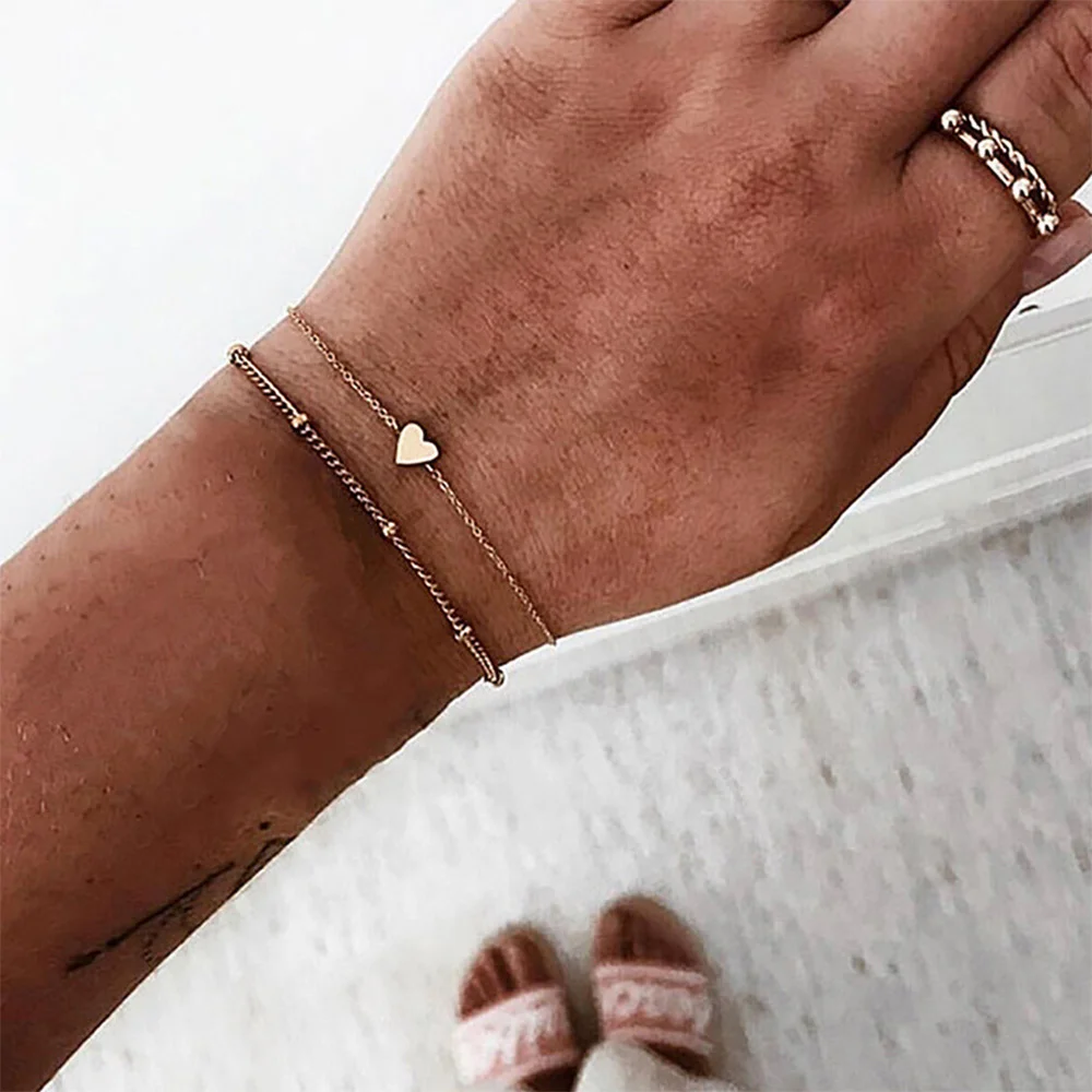 

2 pcs/set Minimalist Gold Silver Heart Bracelets For Women Friendship Love Charm Bracelets Bangles Boho Beads Bracelet Jewelry