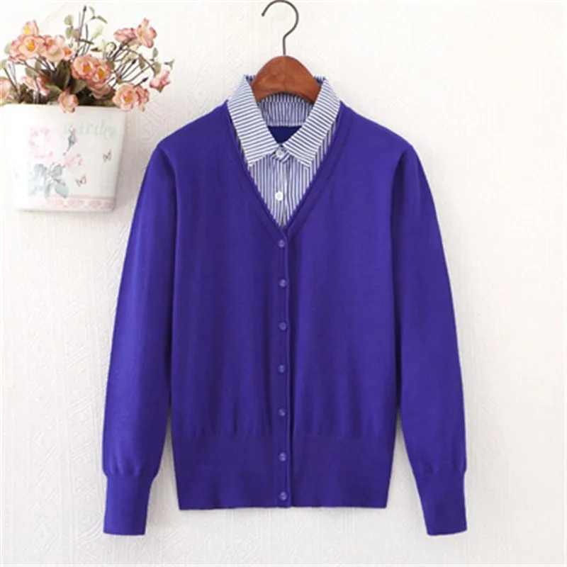 Women Knitted Cardigan New Autumn Shirt Collar Fake Two-Piece Tops Spring Large Size Leisure Slim Fit Ladies Sweater Coat Lj354
