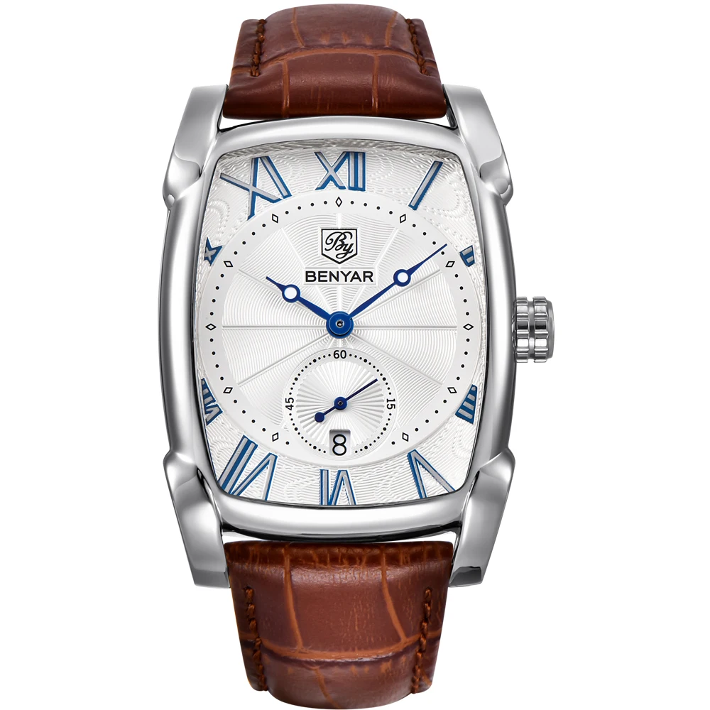 Top Luxury Brand BENYAR Leather Strap Men's Watches Sports Square Men Quartz watch Clock Military W