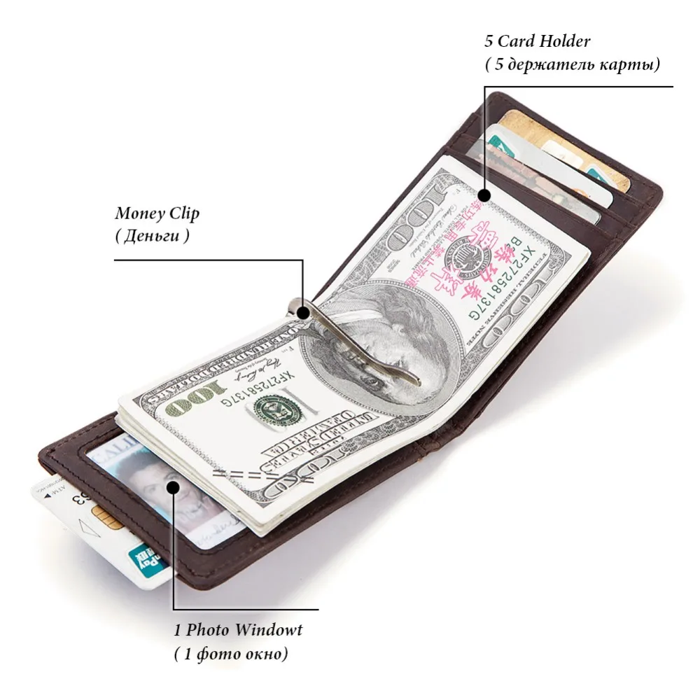 Baratos Clips de dinero de cuero genuino para hombre de alta calidad, cartera RFID para hombre, Mini cartera para hombre, pinza para dinero, grabado gratis