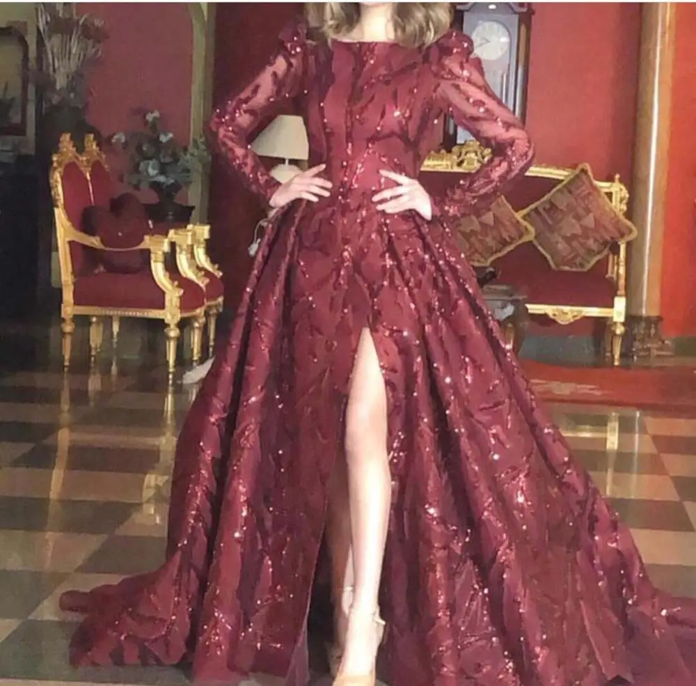 

Fashion Boat Neck Long Sleeve Puffy Backless High Slit Sweep Train Sequin Fabric Evening Dresses