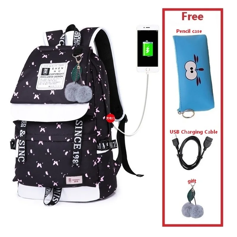 Модные рюкзаки для девочек, школьные сумки с USB портом, водонепроницаемый нейлоновый рюкзак для путешествий, mochila femenina escolar - Цвет: Set 24
