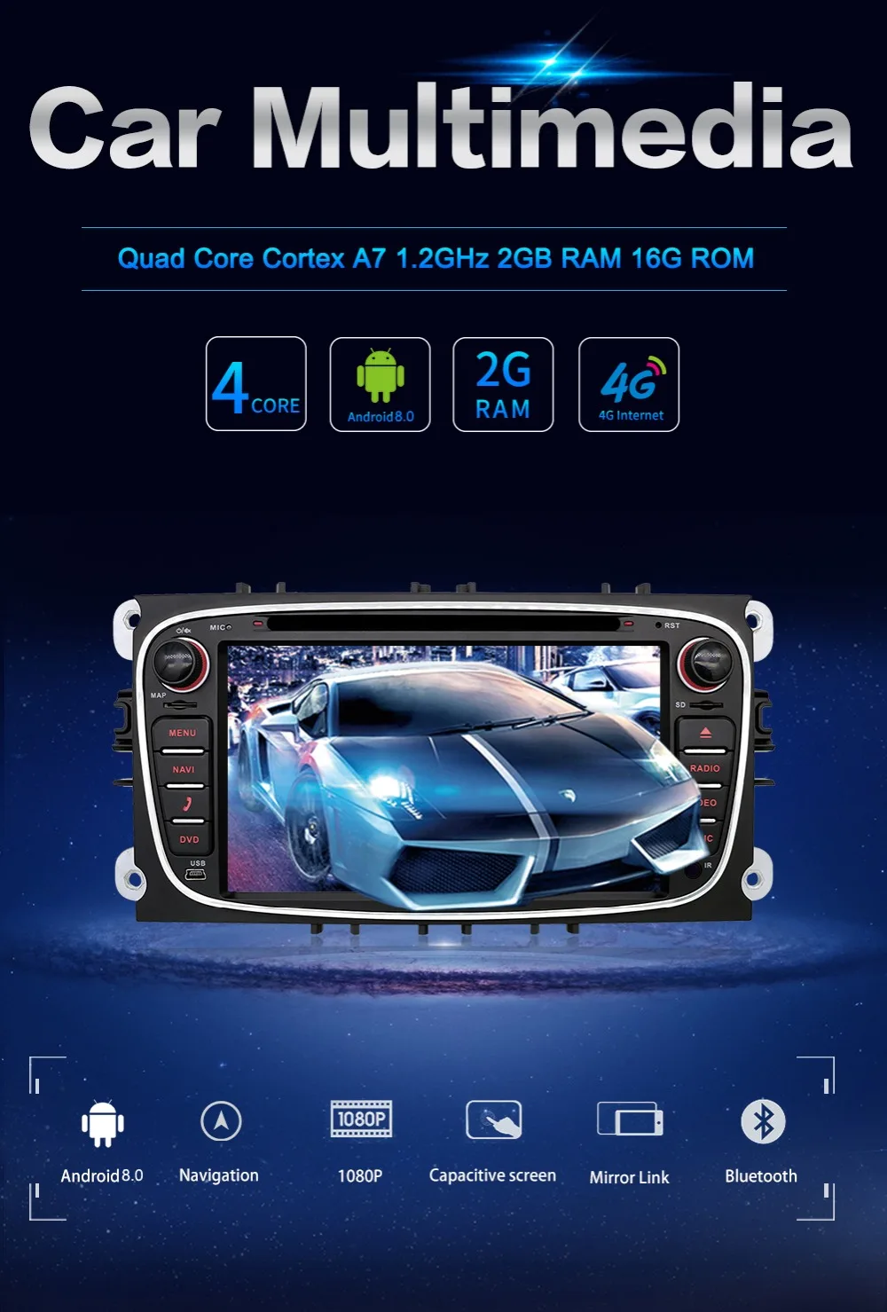 Top Quad core 2DIN Android 8.0 car dvd GPS car dvd for Ford focus Mondeo S-max smax Kuga c-max Connect Galaxy wifi 3/4G BT Autoradio 3