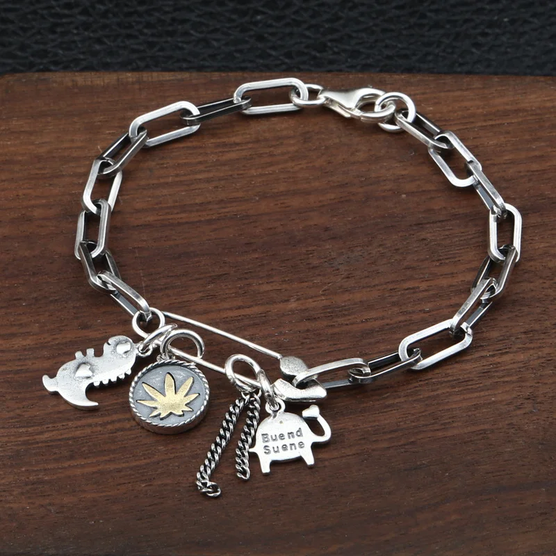 

Pure 925 Sterling Silver Elephant Dinosaur Charms Chain Bracelet Women Sweet Korea Style Thai Silver Bracelet Fashion 925 Bijoux