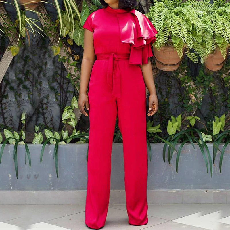 

Summer Ruffed Short Sleeve Loose Jumpsuits Women Turtleneck Bandage Stylish Casual 3 Colorful Female Jumpsuits