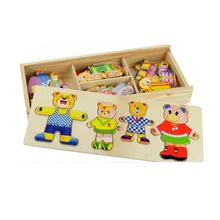 Деревянный, Детский плюшевый мишка семья одеваются головоломки забавная головоломка дошкольные развивающие игрушки с коробкой для хранения