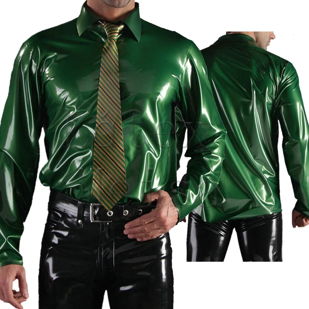 

Bling metallic green latex top men latex shirt long sleeve with 100% handmade