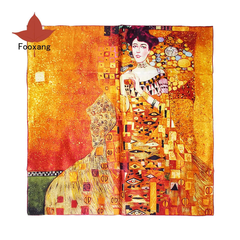 

100% Charmeuse Silk Scarf Square Silk Shawls Wraps Art Oil Painting Gustav Klimt's "Adele Bloch-Bauer I" Handrolled 90cm