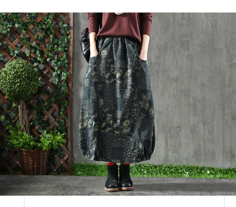 Осень ретро искусство печати хлопчатобумажная юбка из денима 1338