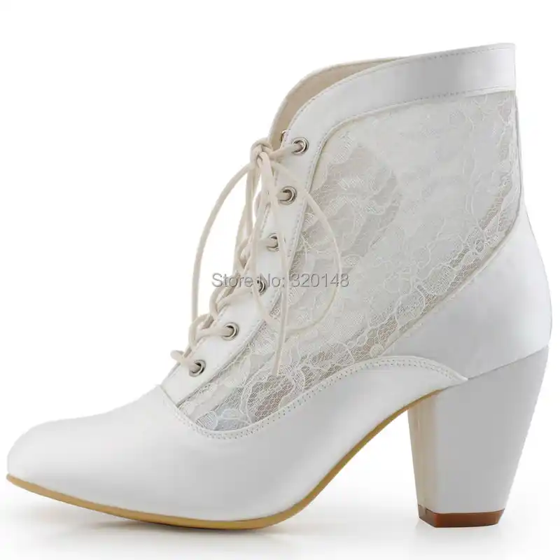 Women ankle Boots Wedding Bridal Shoes Chunky High Heel Lace up Satin