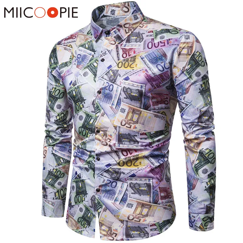 

New Spring Mens Shirts Casual Slim Fit Euro Printed Dollars Shirt Camisas Hombre Manga Larga Night Club Funny Social Dress Shirt
