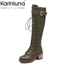 KARINLUNA/ г. Большие размеры 34-43, сапоги на платформе модные сапоги до колена на квадратном каблуке с плюшевой подкладкой женская обувь