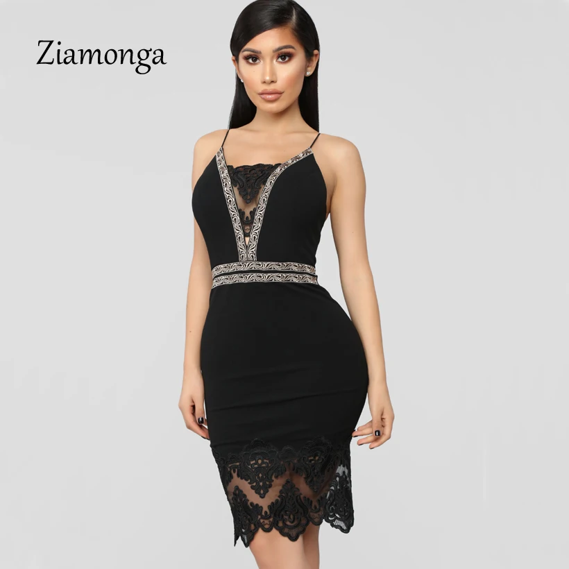 

Ziamonga Elegant Lace Patchwork Women Dress Sexy Sleeveless Slim Sheath Office Dress Fitted Stretchy Bodycon Pencil Dress Femme