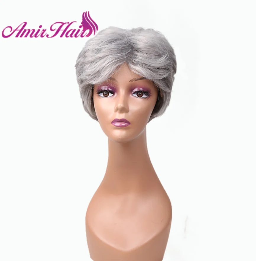 

Amir short Synthetic wigs with free side bangs Layered Gray White Straight hair for black Women High Temperature Fiber fully wig