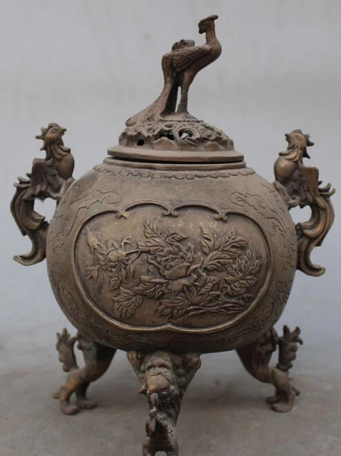 

9 Folk Chinese Fengshui White Copper Phoenix Lion Statue incense burner Censer S0708