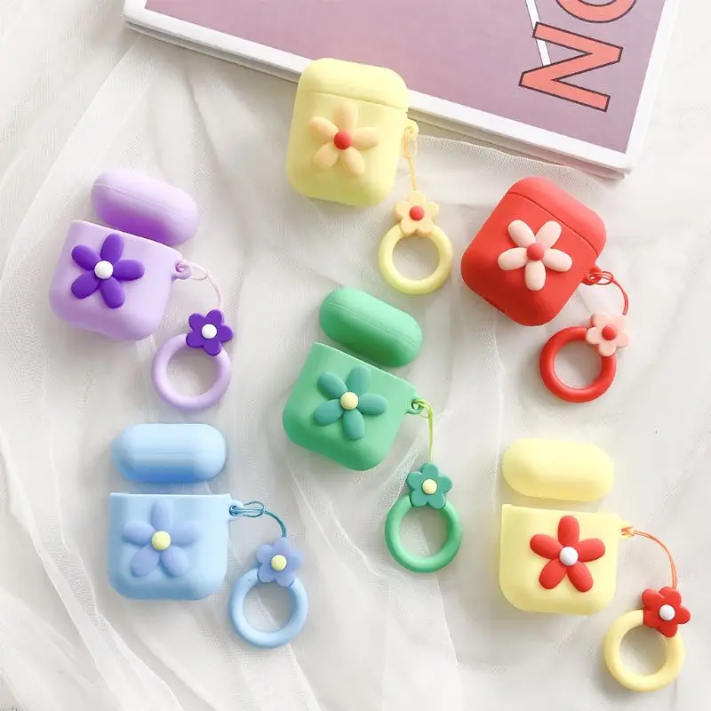 Elegant Flower Pattern Soft Silicone Protective Cover Shockproof Case Skin with Lanyard for Airpods 1/2 Charging Box Accessories