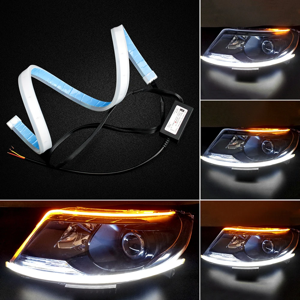 2Pcs 60cm Slim Amber Sequential Flexible Daytime Running Lamps White